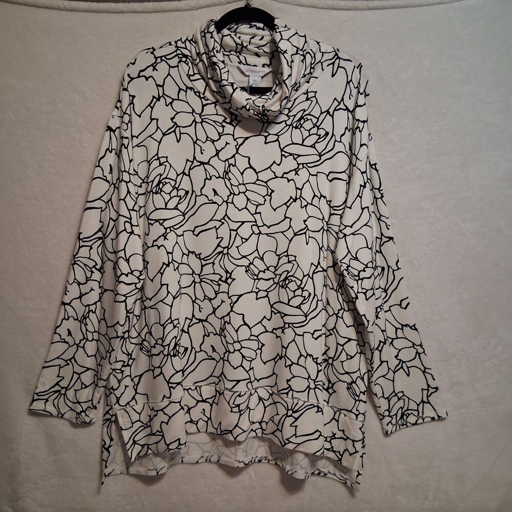 Liz Claiborne XXL Top White Black Floral Cowel Neck Jersey Knit Coastal Boho